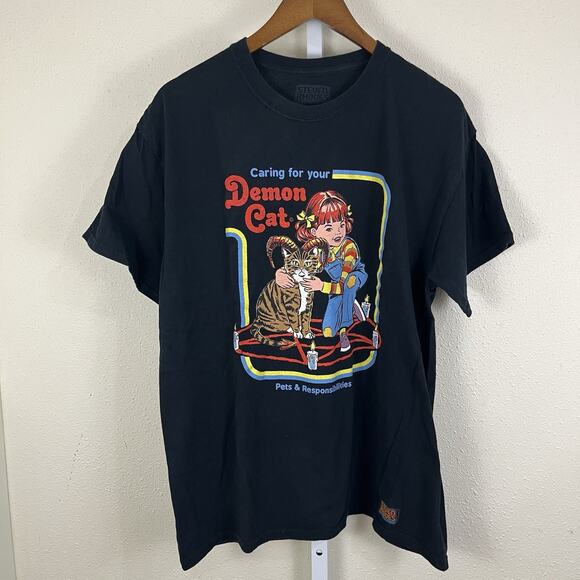 Steven Rhodes Caring For Your Demon Cat Graphic Tee L Large Black Dark Humor - Picture 1 of 5